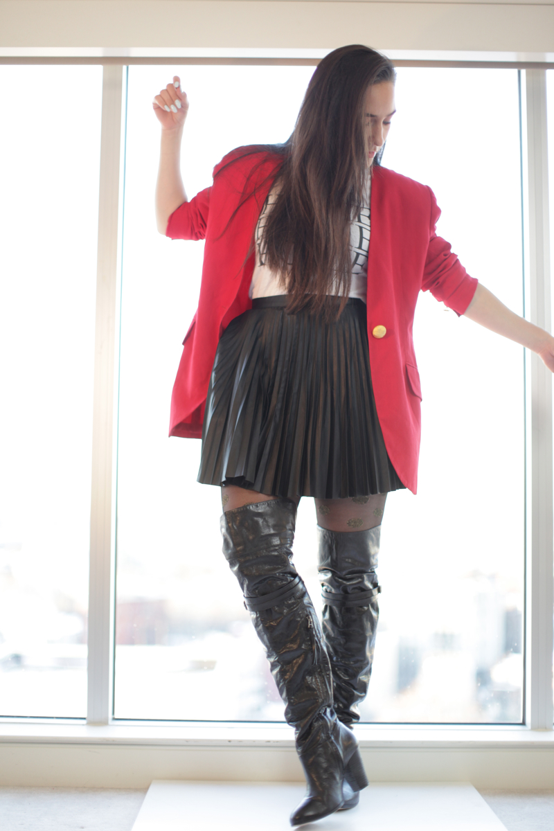 thrifted-red-blazer-leather-pleated-skirt