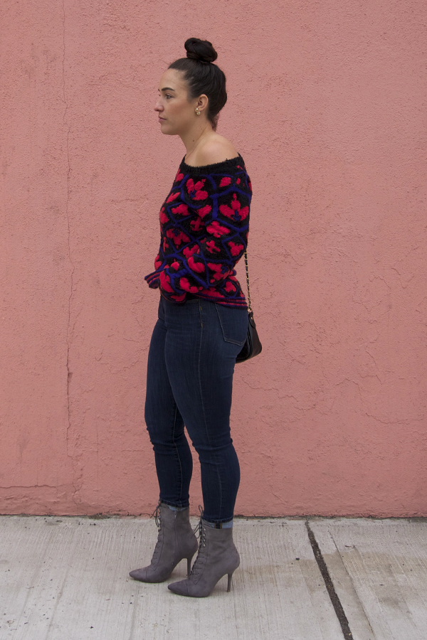pink wall, queen of hearts off the shoulder sweater, ootd