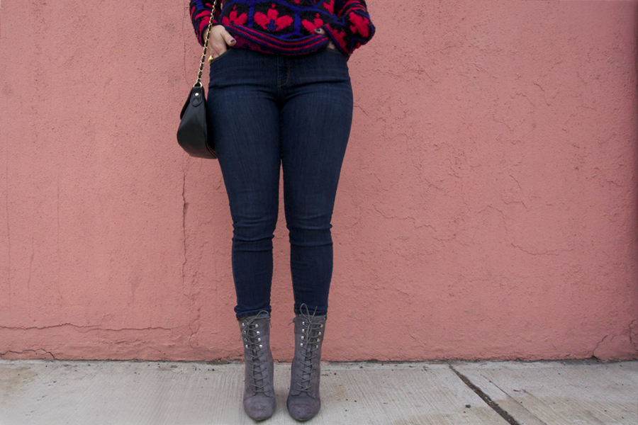 gray lace up booties and jeans