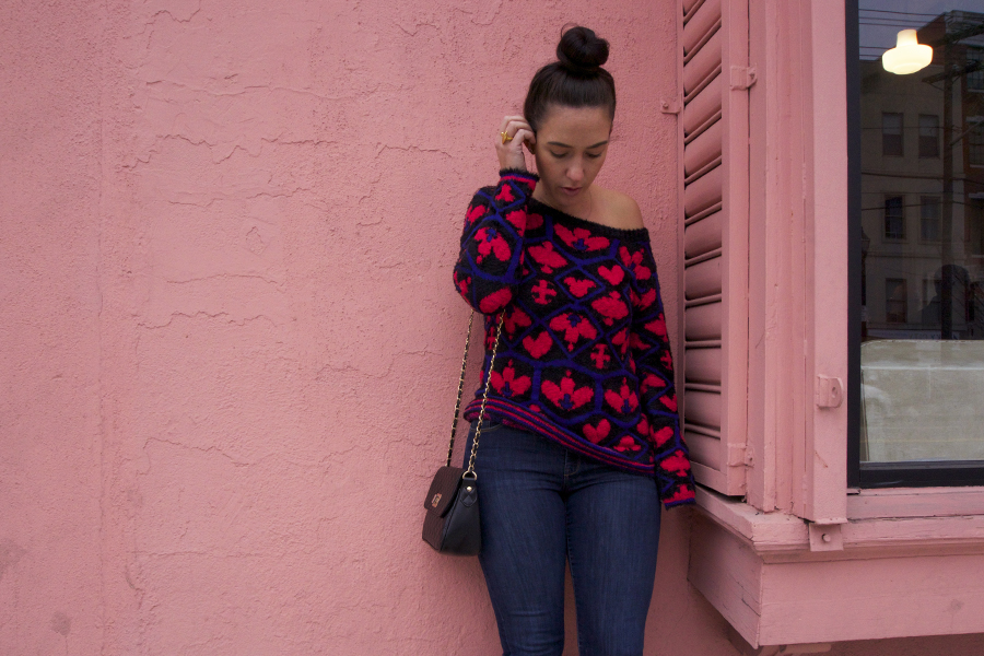 pink wall, queen of hearts off the shoulder sweater