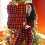 christmas-outfit-matching-plaid-pajamas-and-wrapping-paper
