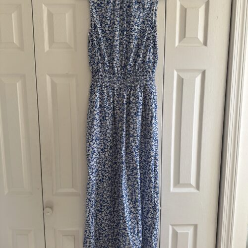 blue floral jumpsuit